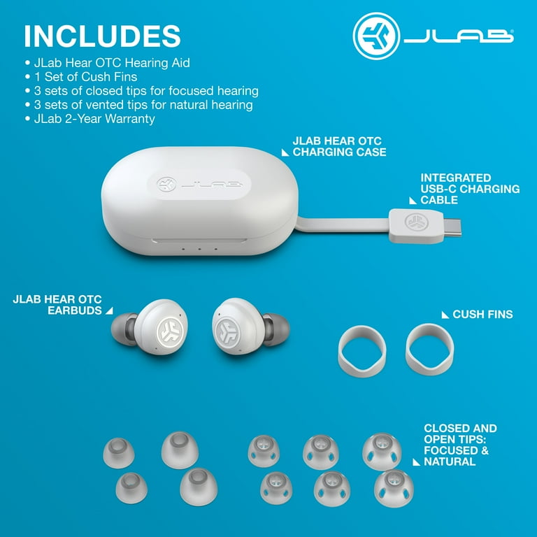 JLab Hear OTC Hearing Aid Wireless Earbuds Traditional Earbud Fit Bluetooth 5.3 Four Preset Hearing Modes In Ear Detection and Built in Feedback Suppression Cloud White Walmart