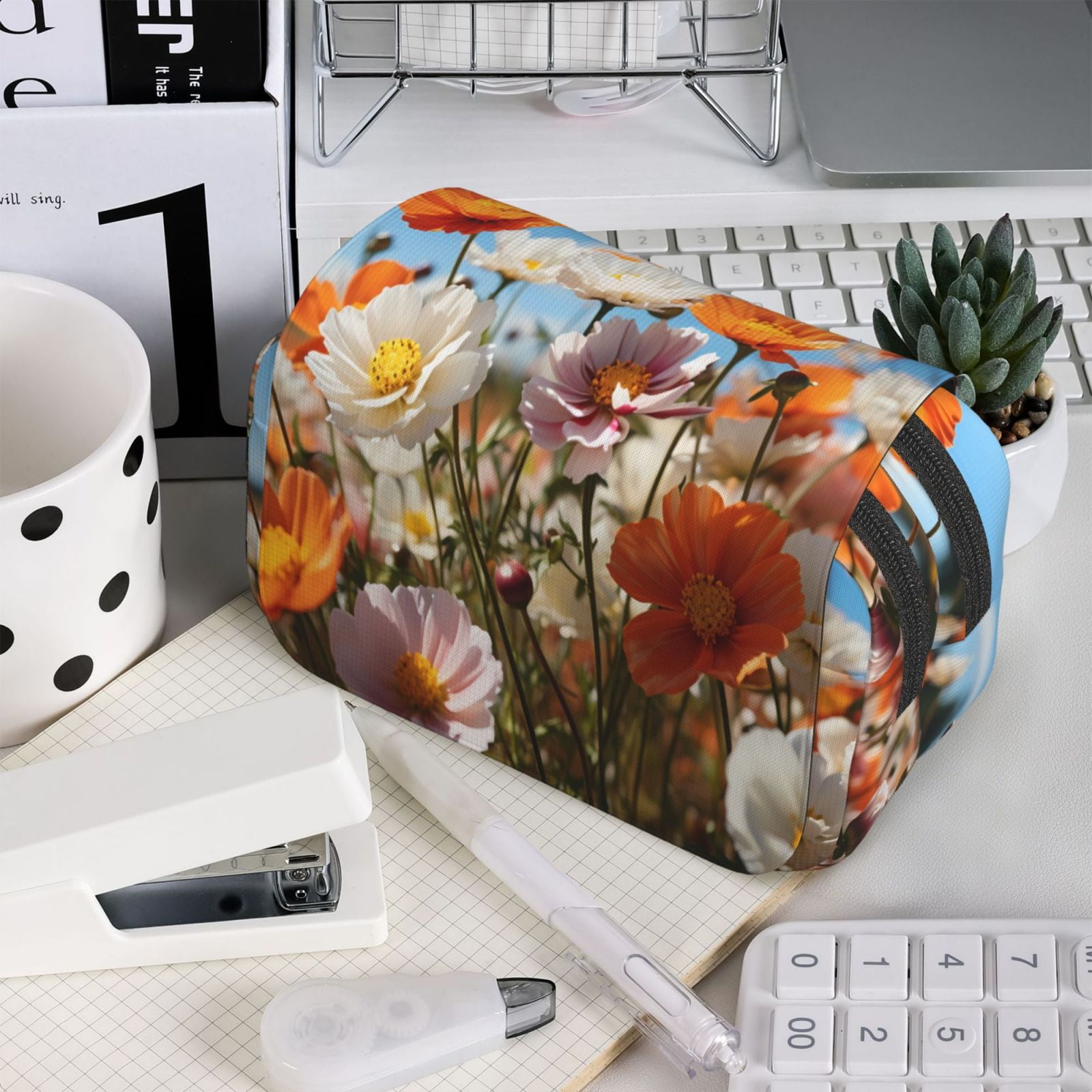 Rateoe Vibrant Field Of Blossoms Pattern Double Clamshell Pen Case, Storage Organizer with Two Zipper Compartments– Holds Up to 50 Pencils & Pens