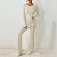 thumbnail image 2 of FEIFLY Women Two Piece Knit Matching Outfits Crew Neck Slit Hem Tee And Pants Tracksuit Sets Solid Color Leisure Female Outfits Sets, 2 of 4