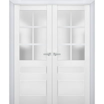 Interior Solid French Double Doors Frosted Glass | Veregio 7339 White Silk | Wood Solid Panel Frame Trims | Closet Bedroom Sturdy Doors -64" x 80" (2* 32x80)