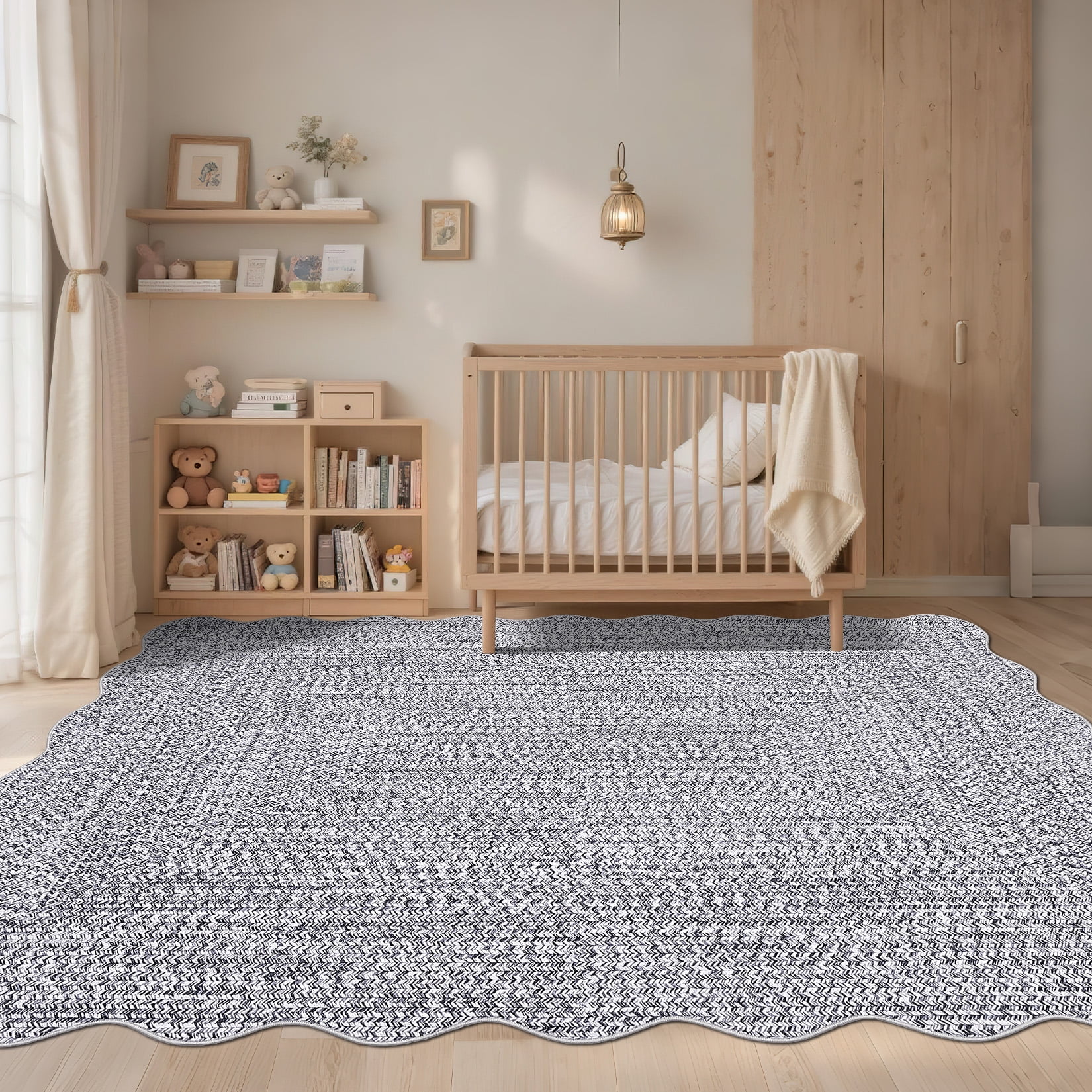 COZONY 8x10 Washable Area Rug, Scalloped Non-Skid Low Pile Farmhouse Carpet for Living Room, Bedroom, Dining Room and Family Space, Gray