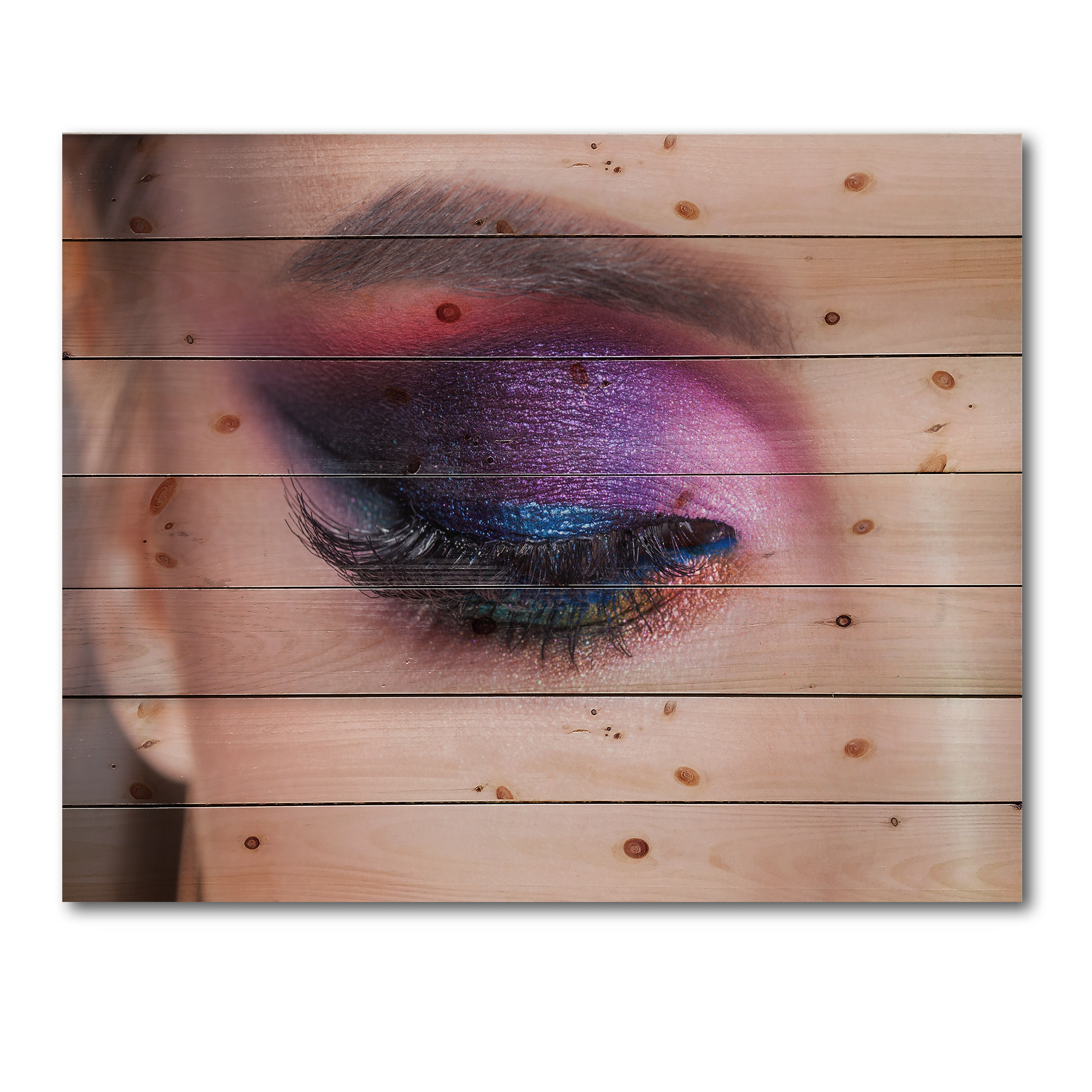 Designart 'Bright Eye Makeup In Luxurious Blue And Pink Shades' Modern Print on Natural Pine Wood