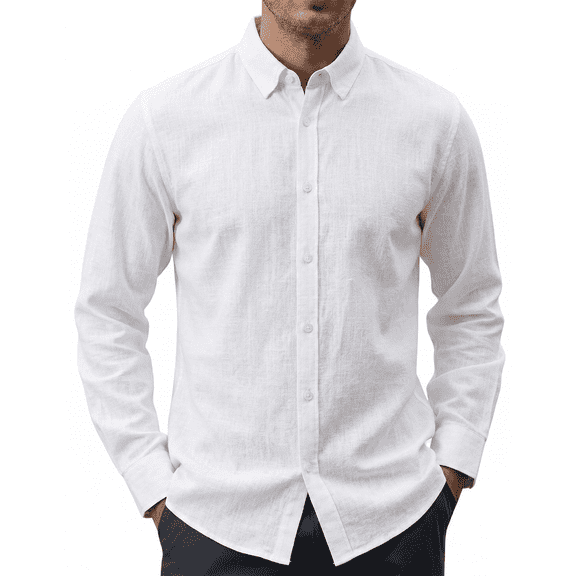 Puztloy Mens Long Sleeve Cotton Linen Shirts Buttons Down Solid Plain Roll-Up Sleeve Casual Beach Shirts
