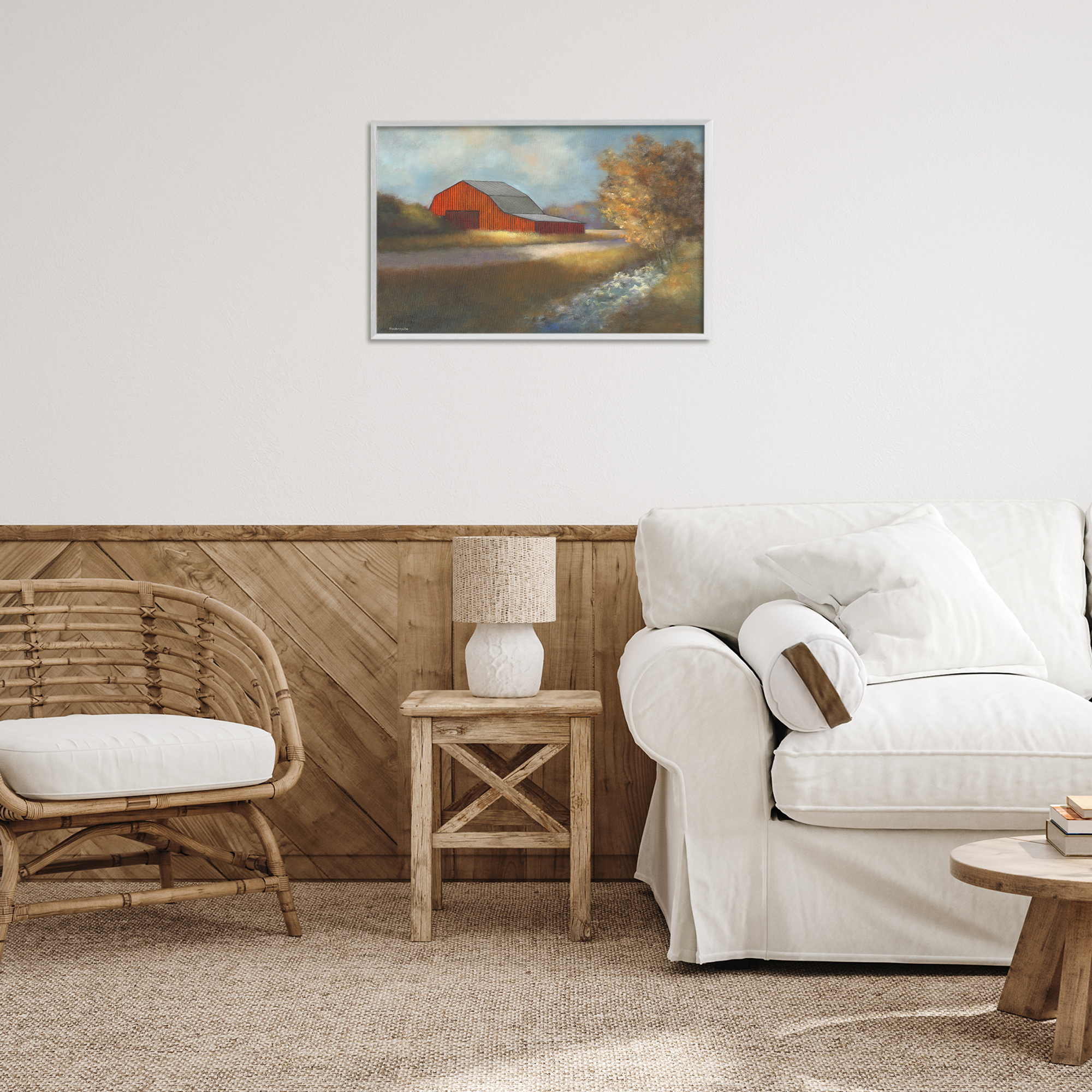 Stupell Industries Traditional Red Barn Landscape Painting White Framed Art Print Wall Art, 24 x 16