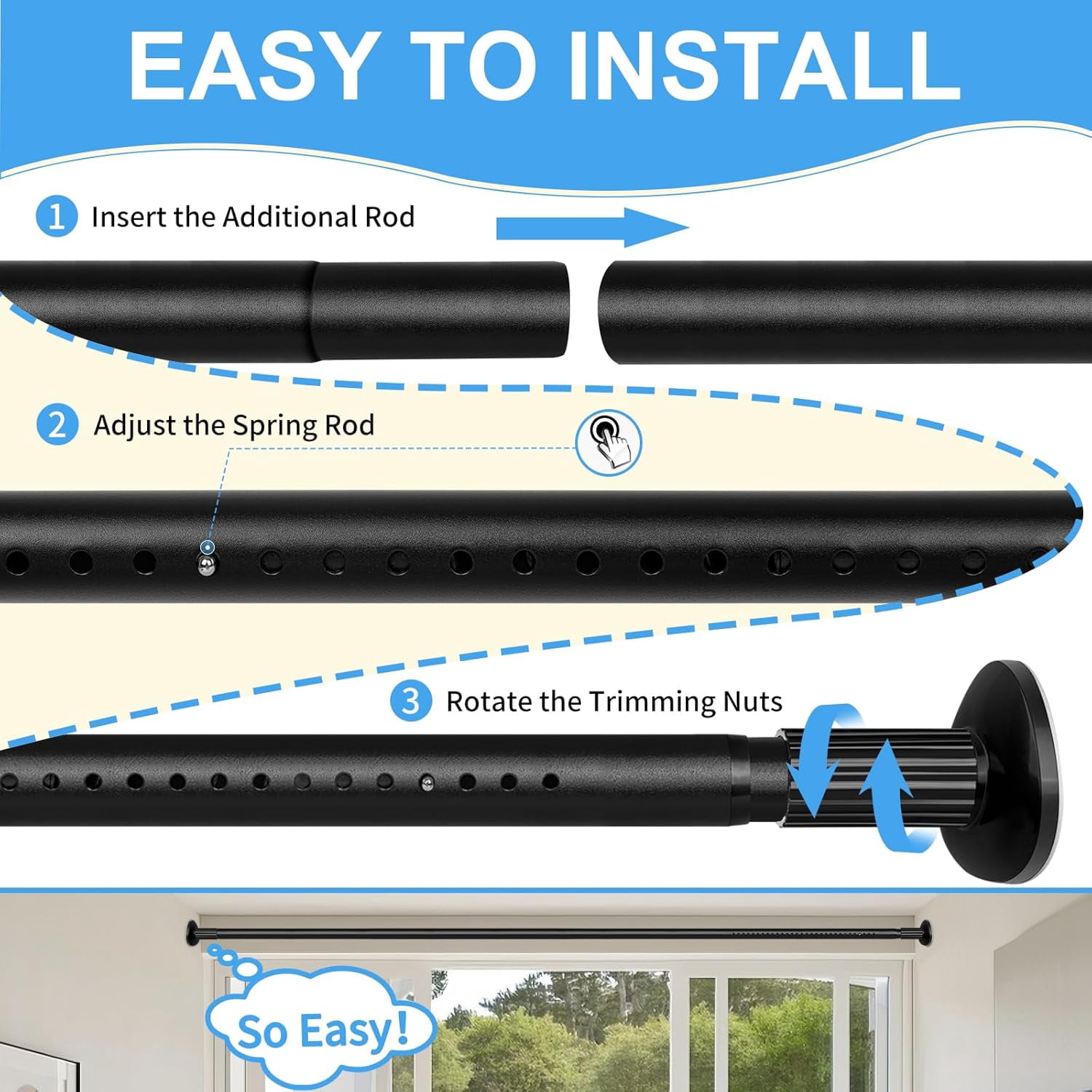Tension Curtain Rod 51-86 Inch, Curtain Rod No Drilling for Window or Bathroom Closet, Outdoor Curtain Rods for Patio Tension Rod, Easy to Install, Never Rust, Rod Diameter 1.26 Inches - Black