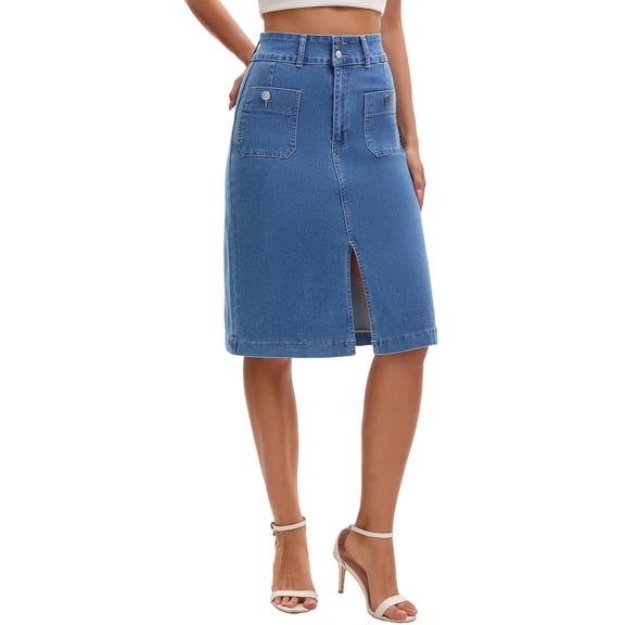 INSPIRE CHIC Women's Denim Skirt High Waisted Front Pockets Stretch Below Knee Length Jean Skirts S Blue