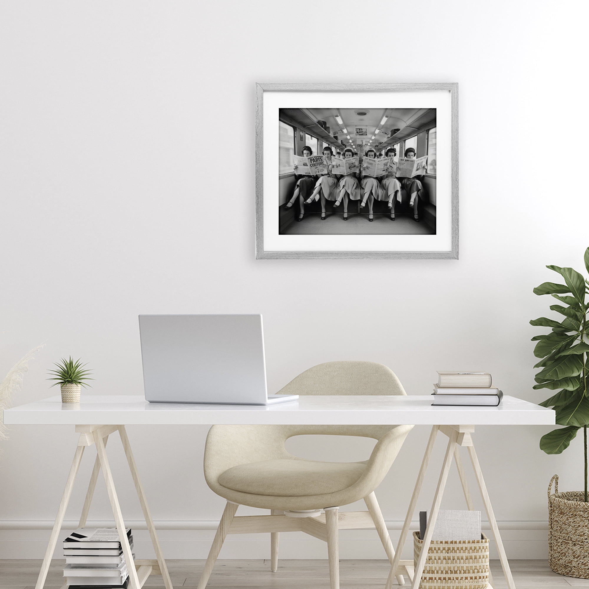 Stupell Industries Newsprint Ladies on Train Gray Framed Print Under Glass, design by A Barefoot Stylist