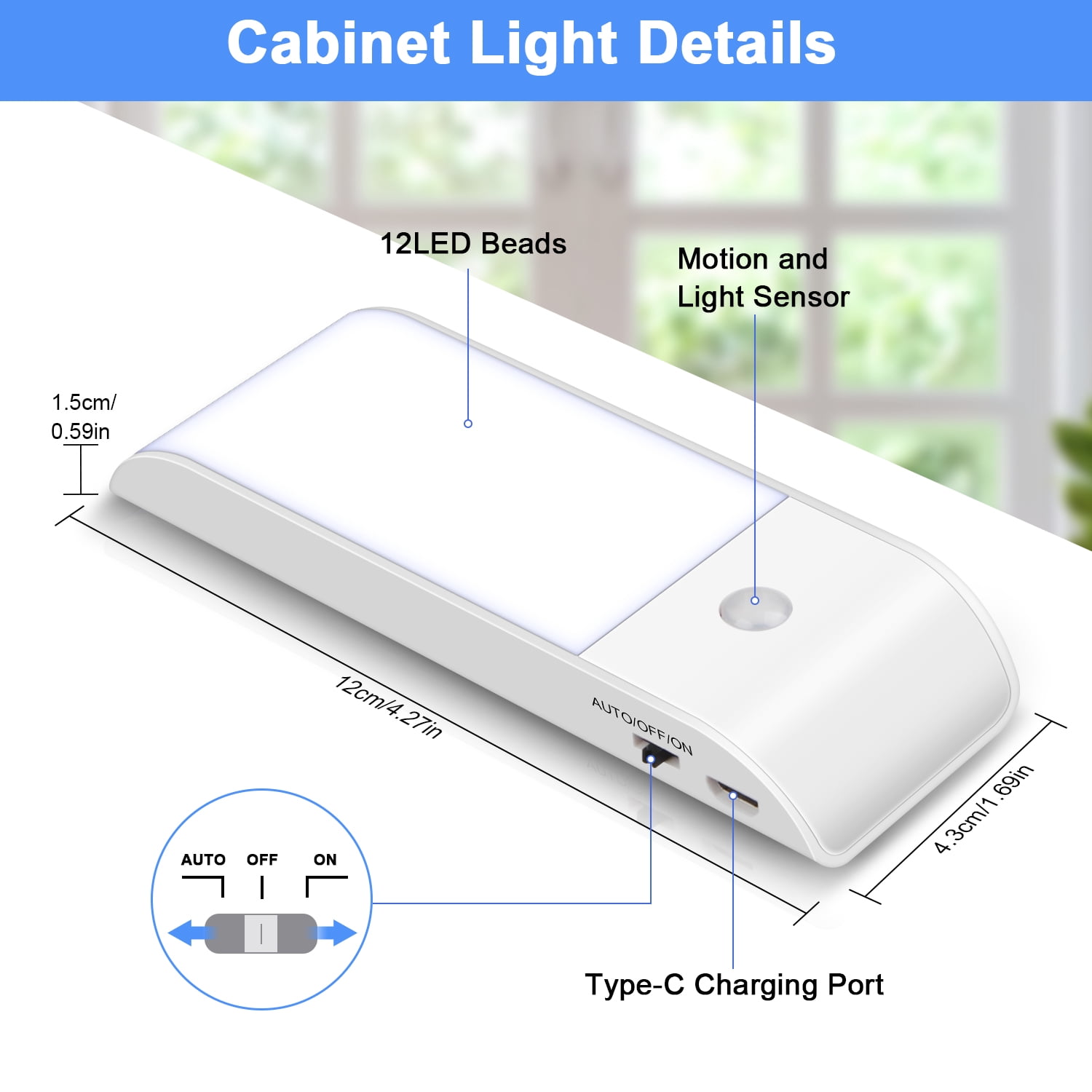 Under Cabinet Lighting Rechargeable Motion Sensor,AILKIN LED Closet Lights Magnetic Wireless Stick-on Safe Night Light,Cold White Lights 6000K Under Cabinet for Cabinet,Closet,Bedroom,Kitchen,2 Pack
