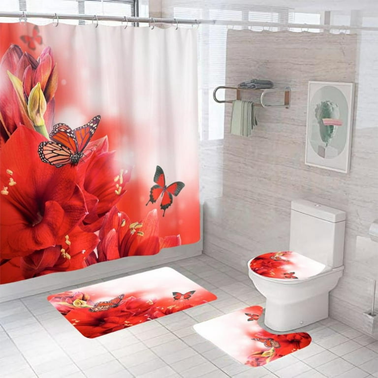 Waterproof Bathroom Shower Curtain Set with 12 Hooks Toilet Seat Bath Mats  and Rugs Non-slip Carpet Toilet Covers Polyester