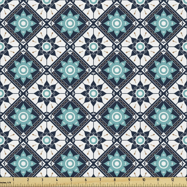 Boho Fabric by the Yard Upholstery, Folkloric Morocco Tile Inspired Squares  with Flowers, Decorative Fabric for DIY and Home Accents, Seafoam Dark Blue  by Ambesonne 