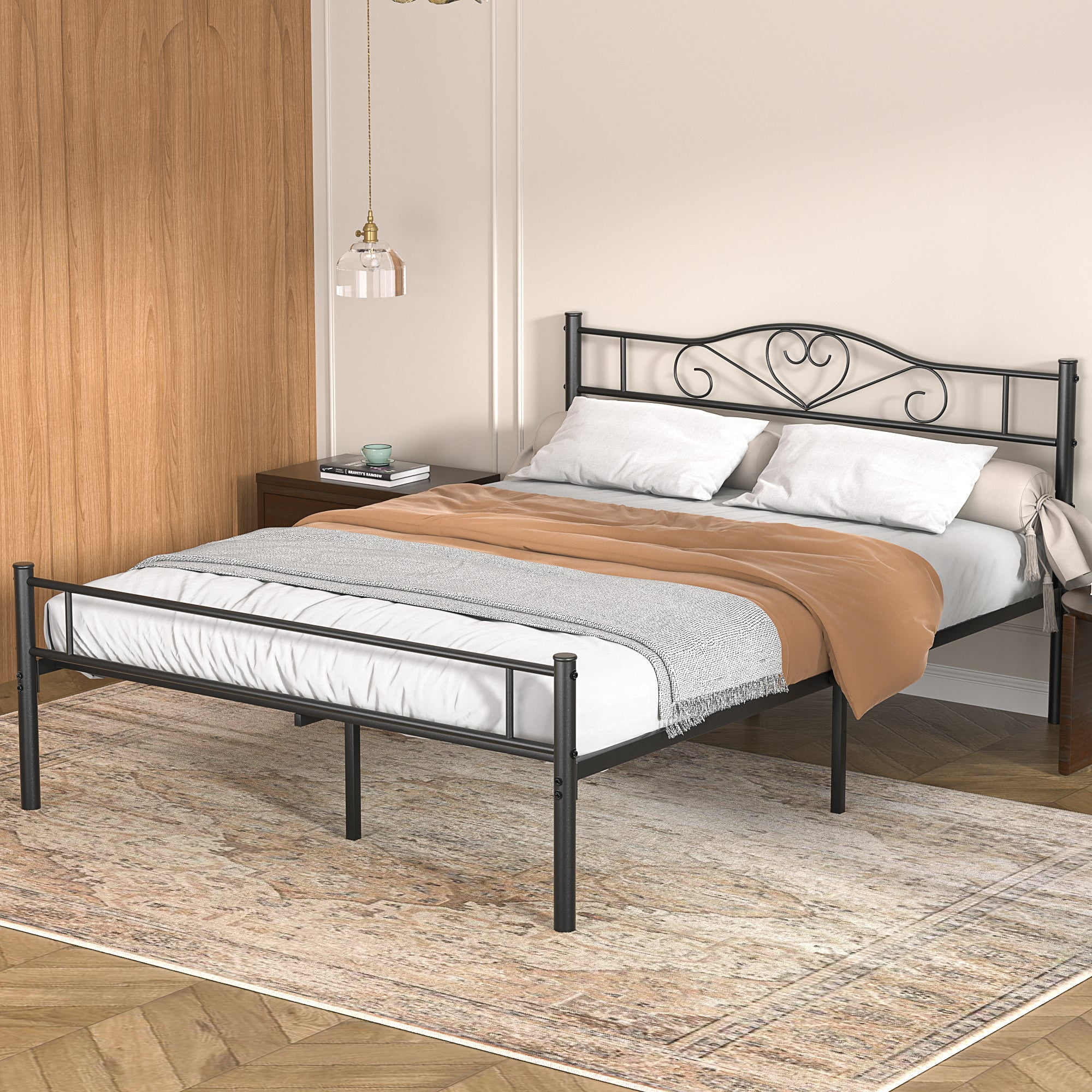 VECELO Queen Size Metal Platform Bed Frame With Footboard And Slats, No ...