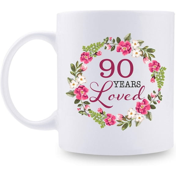 90th Birthday Gifts for Women - 90 Years Loved with A Garland Birthday Mug - 90 Year Old Present Ideas for Grandma, Mom, Daughter, Sister, Wife, Friend, Cousin, Aunt, Coworker - 11 oz Coffee Mug