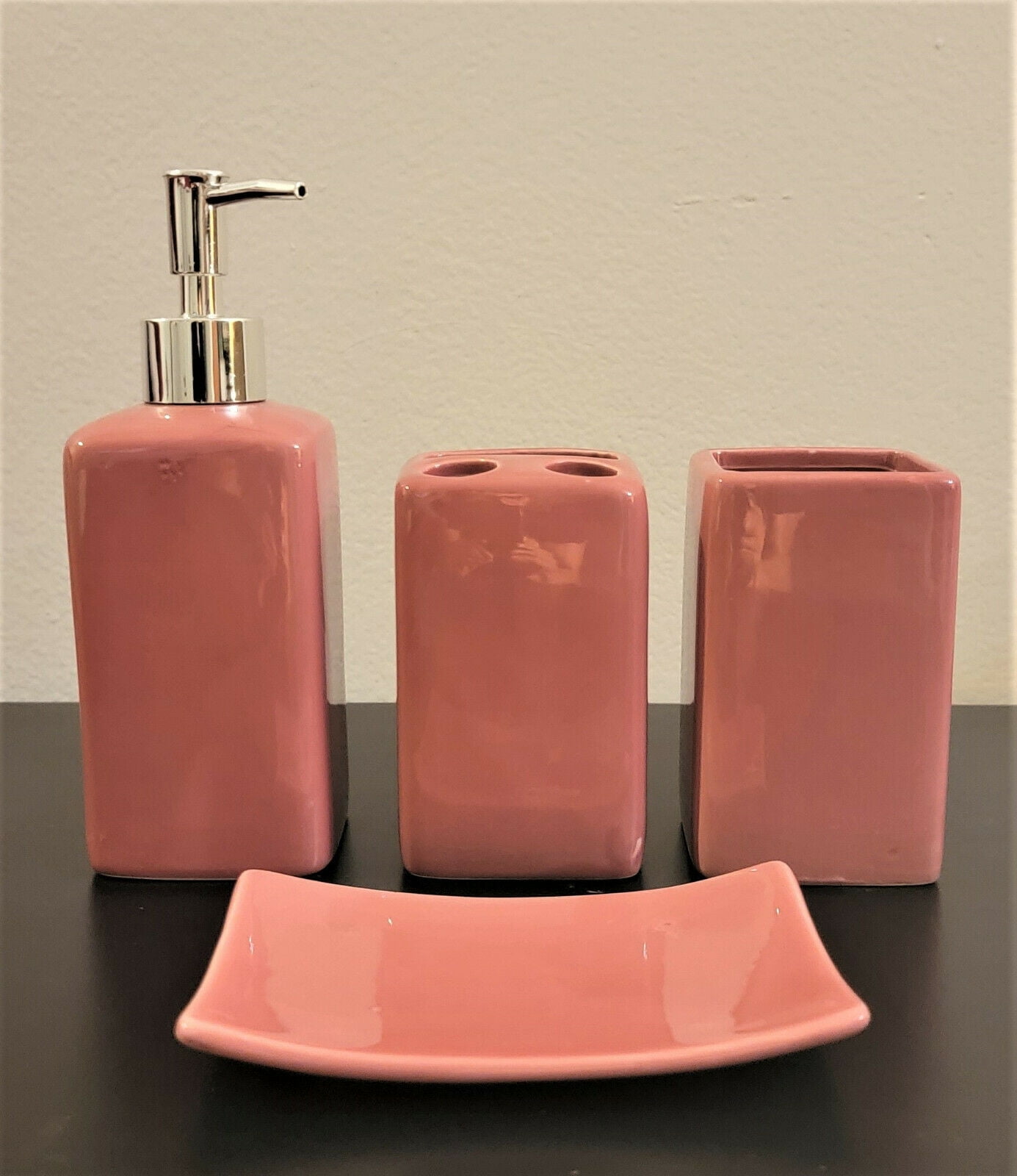 Complete 4 Piece Hot Pink Ceramic Shiny Lush Bathroom Accessories Kit ...