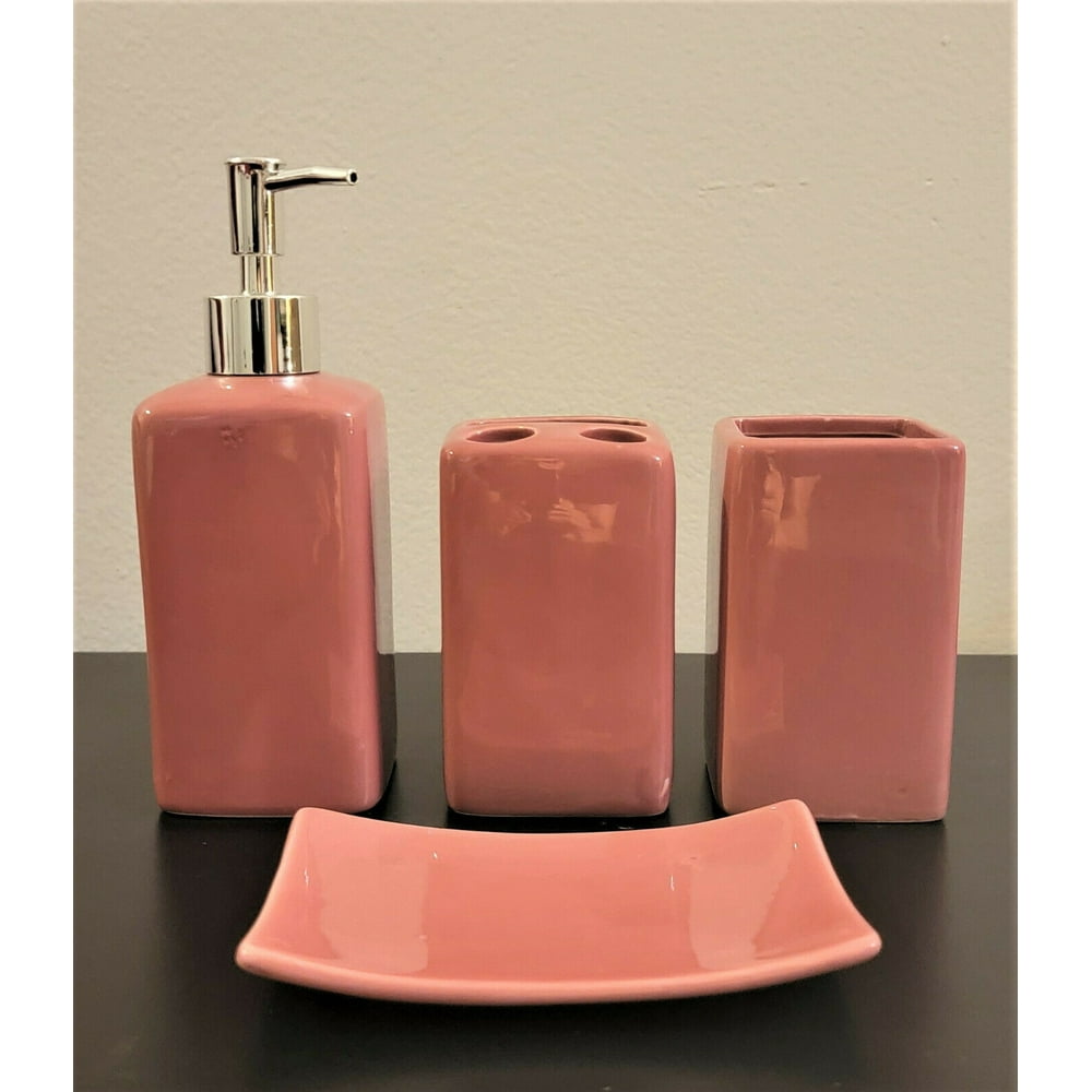 Complete 4 Piece Hot Pink Ceramic Shiny Lush Bathroom Accessories Kit