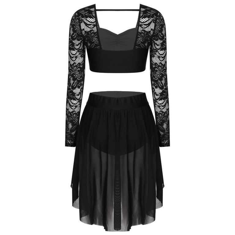 renvena Women's Two-Piece Dance Dress Outfit Long Sleeve Crop Top