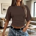 thumbnail image 2 of GZWYHT Solid Side Ruched Waist Cropped T Shirt for Women, Classic Round Neck Drop Shoulder Half Sleeve Slim Fit Crop Top, Elastic Lightweight Casual Short Tee Brown XL, 2 of 7