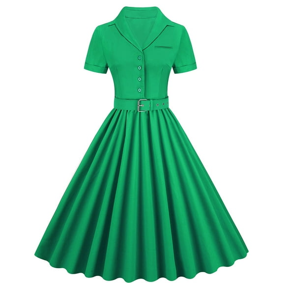 QLEICOM 1950's Dresses for Women Vintage, Solid Short Sleeve Shirt Medieval Vintage Dress, Stretch Slim High Waist Swing Dress, Audrey Hepburn Style Party Dresses Green XXL