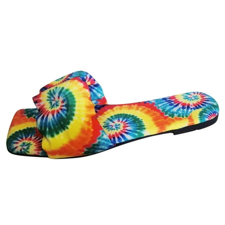 

Women s Summer Flat Pleated Slip On Slippers Outdoor Tie-dyed Round Toe Shoes