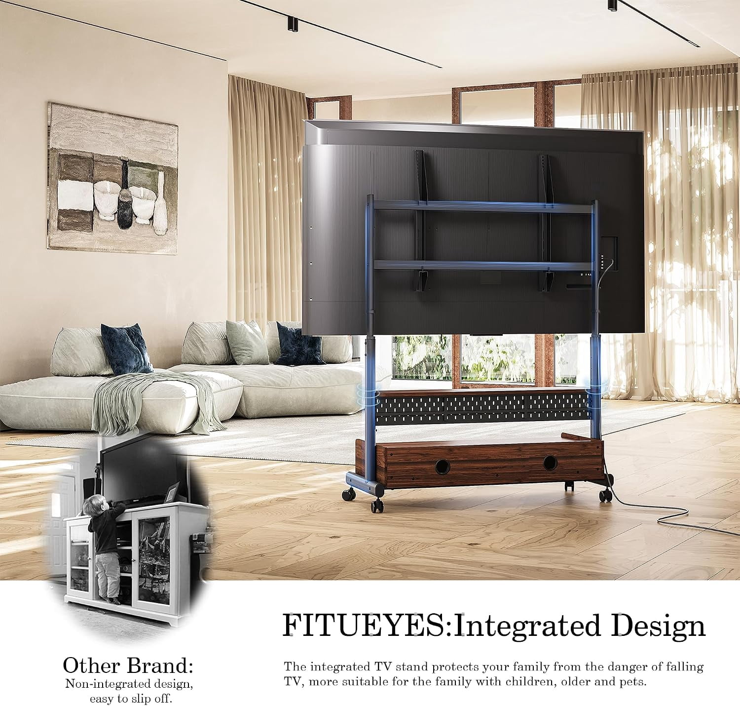 FITUEYES Rolling TV Stand for 70–100 Inch TVs, Black & Walnut, Drawers & Pegboard