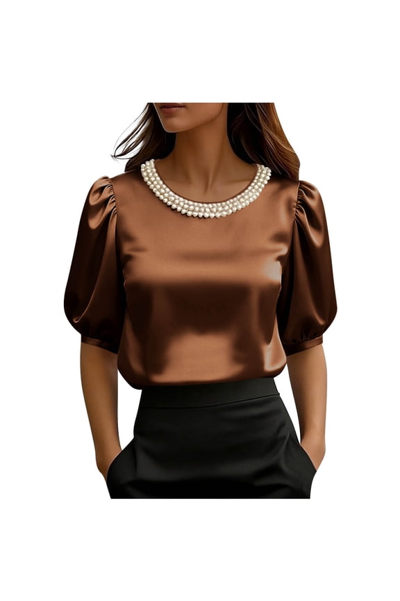 Women's Round Neck Puff Short Sleeve Blouse Solid Color Loose Fit Satin Slik Tops Summer Clothes Brown Top M