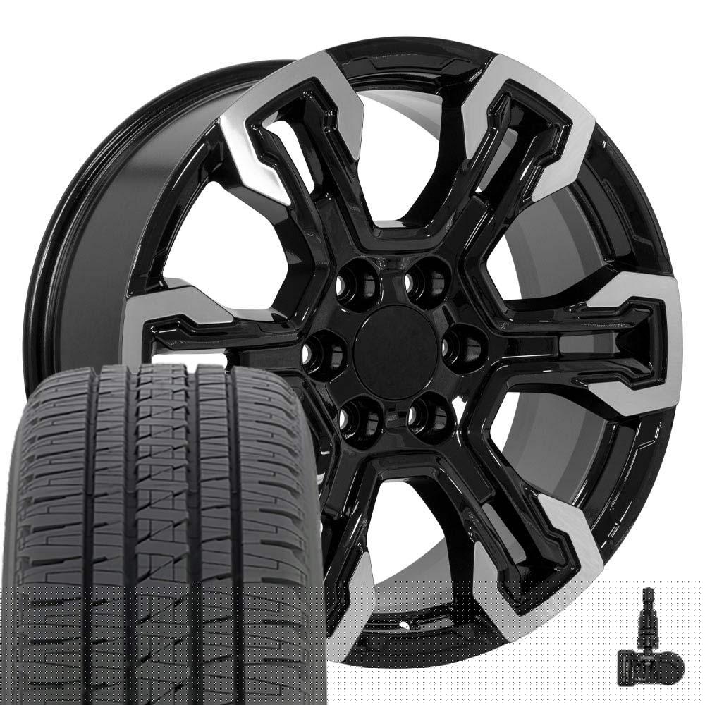 OE Wheels CV65 20 Inch Rims and Tires Fit Silverado 1500 ZR2 Style  20x9 Gloss Black Machined - Hollander 14089 - Dueler H/L Alenza 275/55-20 (Set of 4)