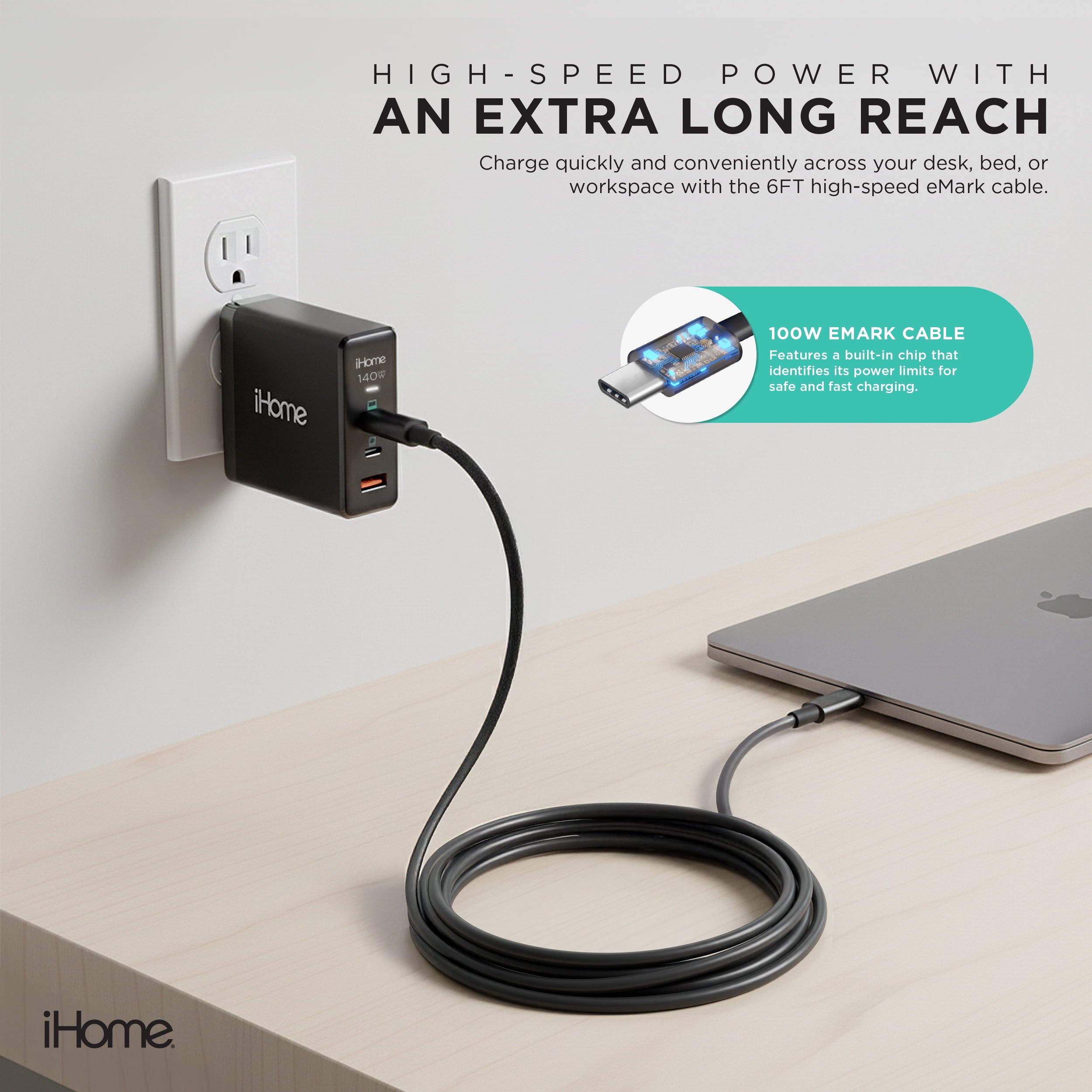 iHome 140W GaN Wall Charger with 6 ft USB-C Cable, Fast Charging, Powers Up to 3 Devices