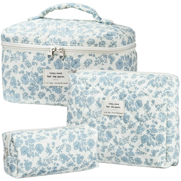 Set de bolsitas de maquillaje TESAFNG de algodón acolchado con estampado floral, 3 unidades, para mujer