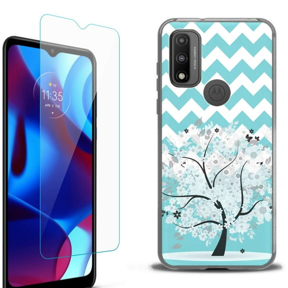 Slim-Fit Protective Phone Case (Black) compatible with Motorola Moto G Pure 5G, with Tempered Glass Screen Protector, by OneToughShield ® - Chevron/Tree