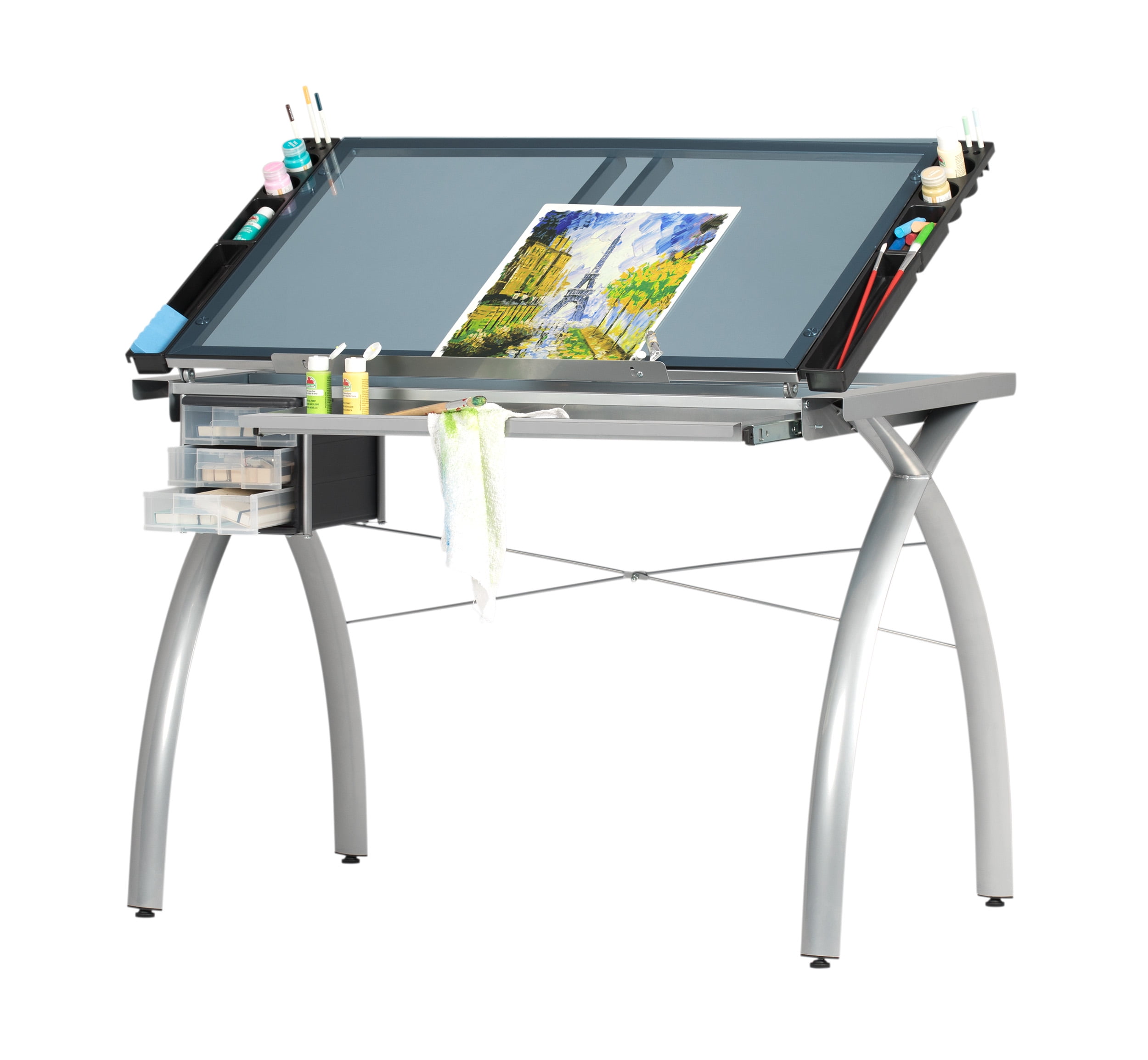 Studio Design Futura Craft Station Tempered Silver Blue Glass Drawing Table