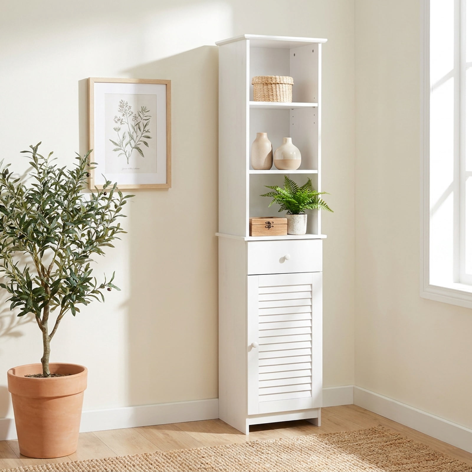 Vebreda Tall Freestanding Bathroom Storage Cabinet with Drawer, Door & 3 Open Shelves, Narrow Linen Tower Organizer with Adjustable Shelving for Bathroom, White