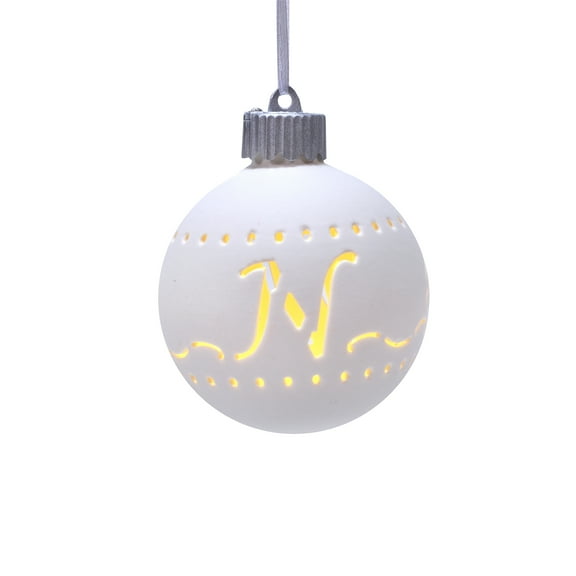 N LED Monogram White Bisque 4 x 4 Porcelain Ceramic Decorative Hanging Ornament