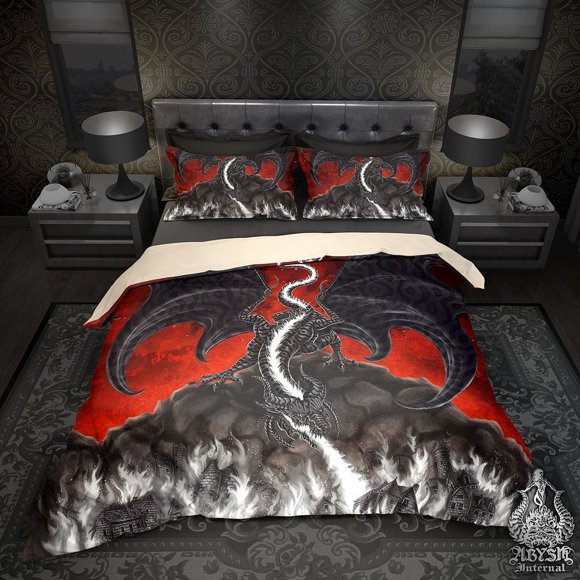 Fire Dragon Bed Cover, Duvet or Comforter, Gamer Bedding Set, Bedroom Decor,