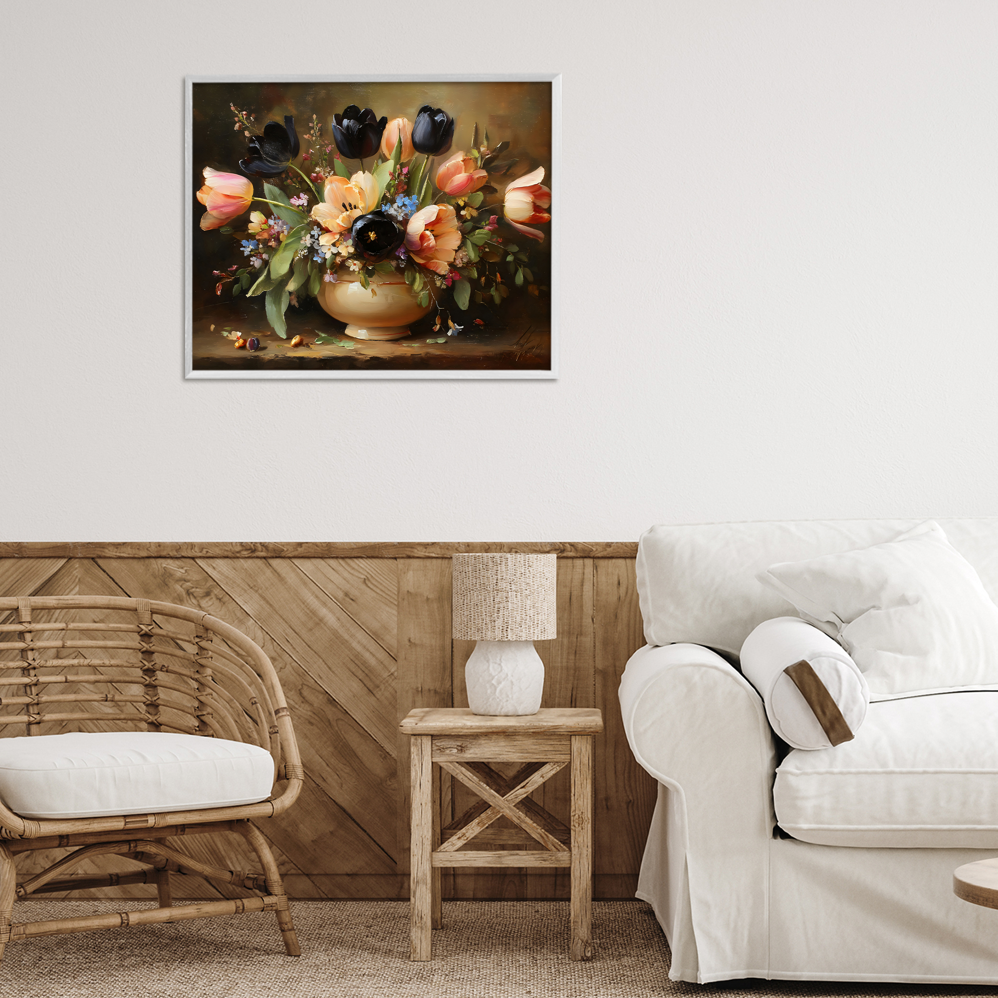 Stupell Industries Black Tulips & Peach Bouquet White Framed Giclee Art, design by Franklyn Gregory