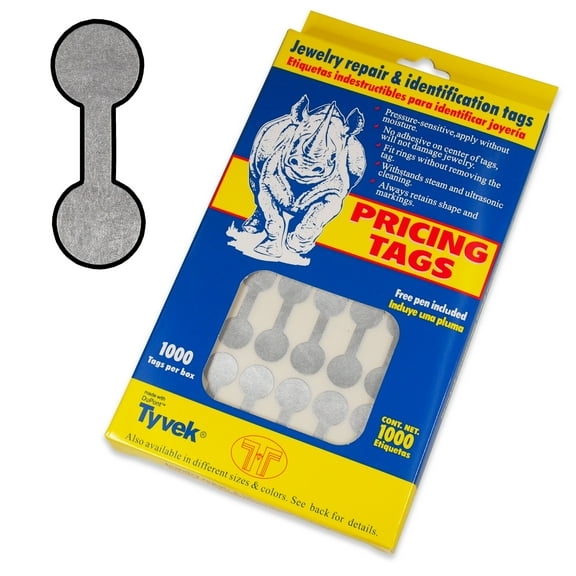 1000 pieces Jewelry Repair, Price and Indentification Tags/Tyvek Self Adhesive Rectangle/Dumbbell/Barbell Jewelry Price Tags Short - 35 x 12mm, Silver