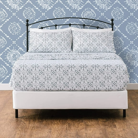 Chanasya Premium Printed King Bed Sheet Set 4-Piece - Soft Ceramic Blue White Print - 1 Flat Sheet 1 Fitted Sheet 2 Pillowcases - Wrinkle FadeResistant - Microfiber Sheets - Blue - King