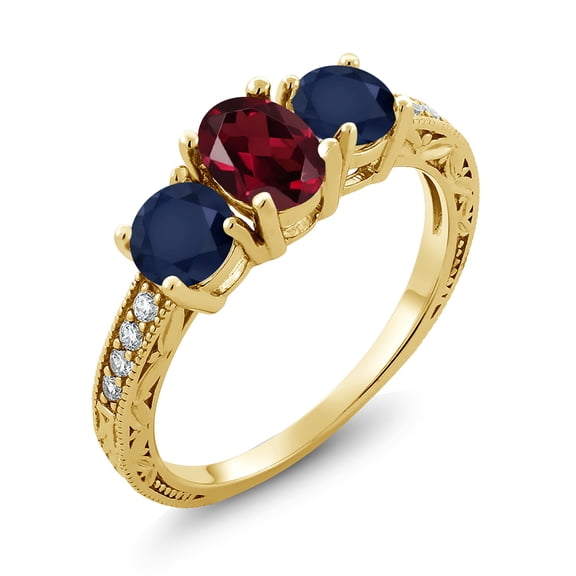 Gem Stone King 2.22 Ct Oval Red Rhodolite Garnet Blue Sapphire 18K Yellow Gold Plated Silver Moissanite Ring (Size 6)