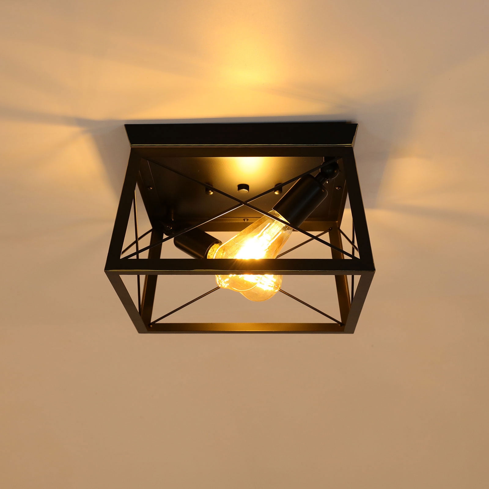 Industrial Flush Mount Ceiling Light Fixture, Ceiling Light 2-Light Close to Ceiling Lamp Metal Housing Farmhouse Square Flush Light Fixture for Hallway Bedroom