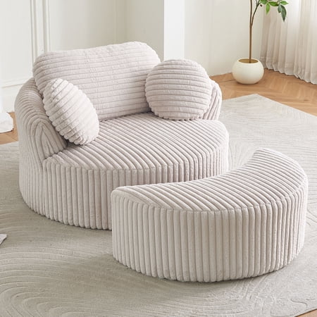 70" Oversized Round Chaise Lounge Chair Indoor with Ottoman,Large Boneless Cloud Sleeper Sofa Bed,50" Deep Seat Cozy Couch Lazy Accent Reading Chair,3 Pillows,No Assembly,Beige