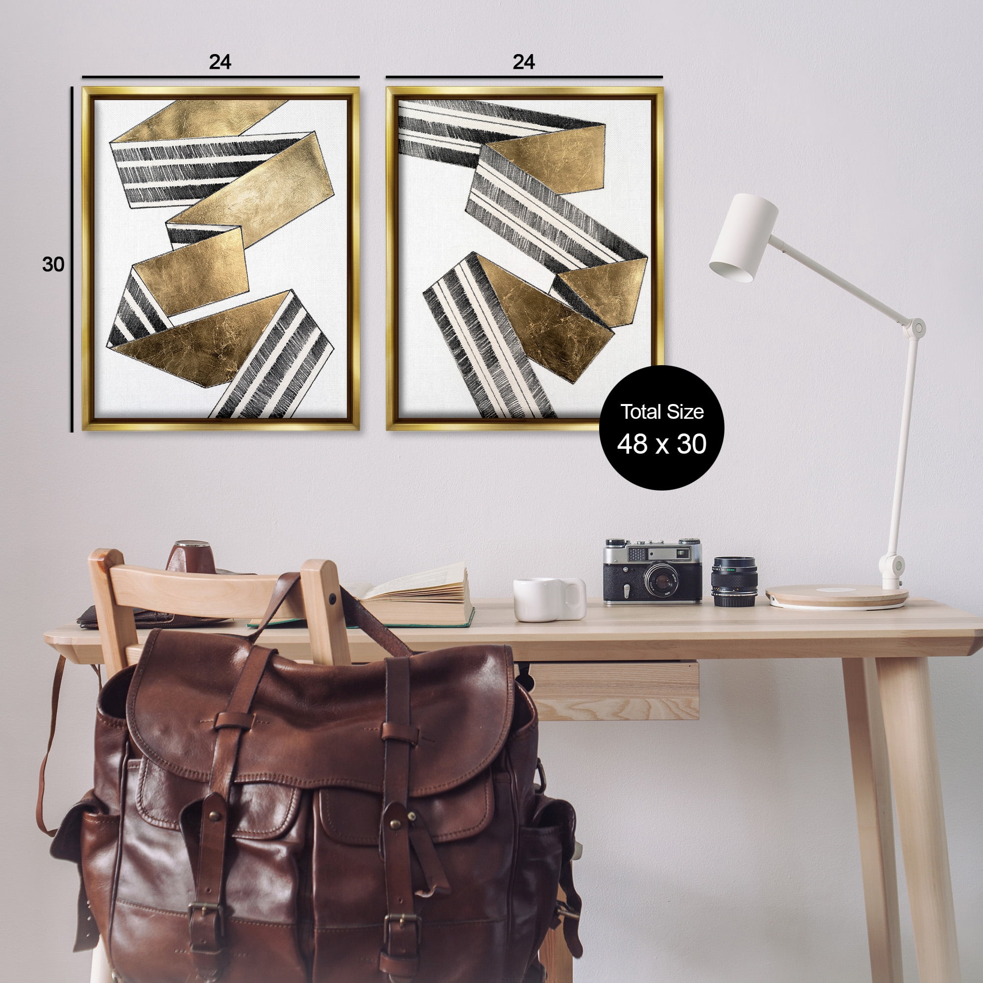Stupell Industries Cascading Patterned Ribbon Abstract Painting Gold Floater Framed Canvas Art Print Wall Art, 25 x 31, Set of 2
