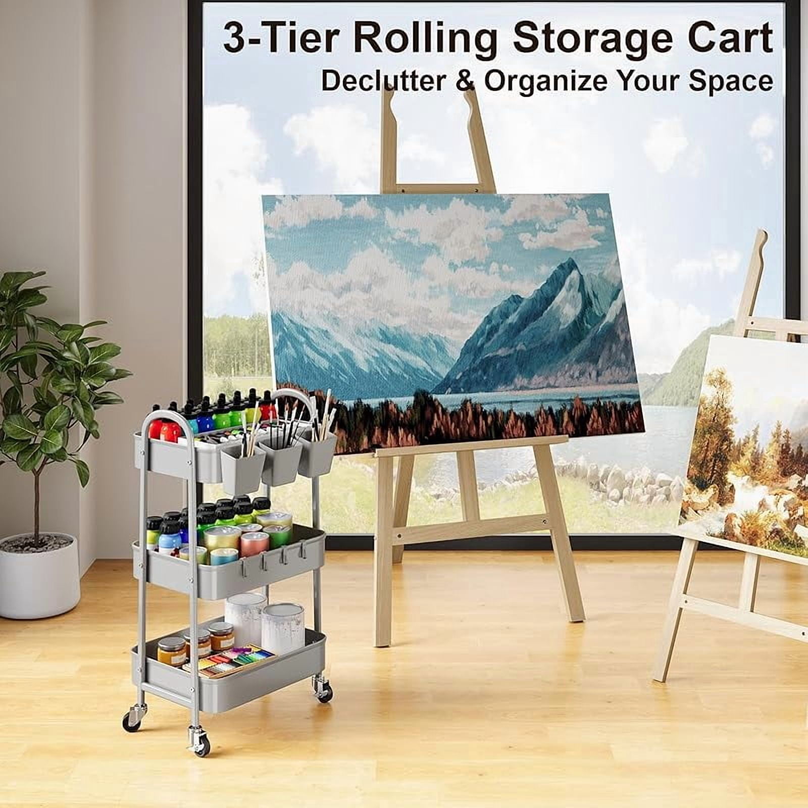 3 Tier Green Metal Rolling Cart with Lockable Wheels and Handle, 3 Tiered Utility Storage Organizer Carts for Teachers, Arts, Craft, Snack, Book, Bedside, Nursery, Cleaning Supplies, Easy Assembly