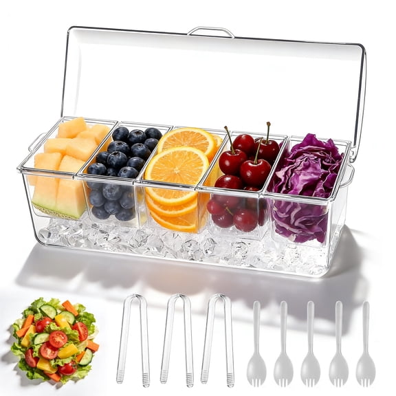 Stackable Ice Chilled Condiment Caddy, 5 Compartment Platter for Fruit and Snacks, Includes Condiment Containers with Lids, Spoons, Clips and Mimosa Bar Supplies