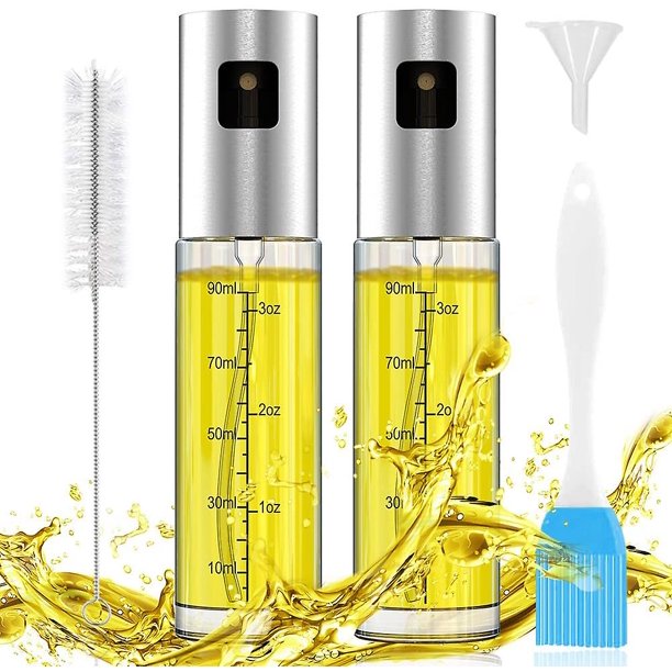 Conjunto de 2 rociadores de aceite, rociadores de aceite, botellas de spray de aceite con cepillo de limpieza de tubos y embudo para cocinar, barbacoas, asar, pasta, ensaladas, hornear, 100 Feliz Sencillez