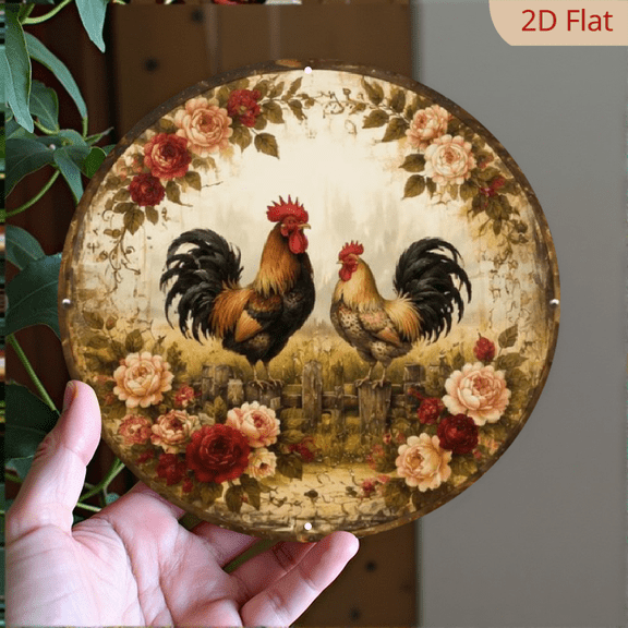 of Rustic Metal Rooster Wall Art, Vintage Aluminum Sign with Bathtub and Floral Design, Suitable for Home, Caf, and Restaurant Decor, Usable Indoors and Outdoors, Size 8x8 Inches, Decorat