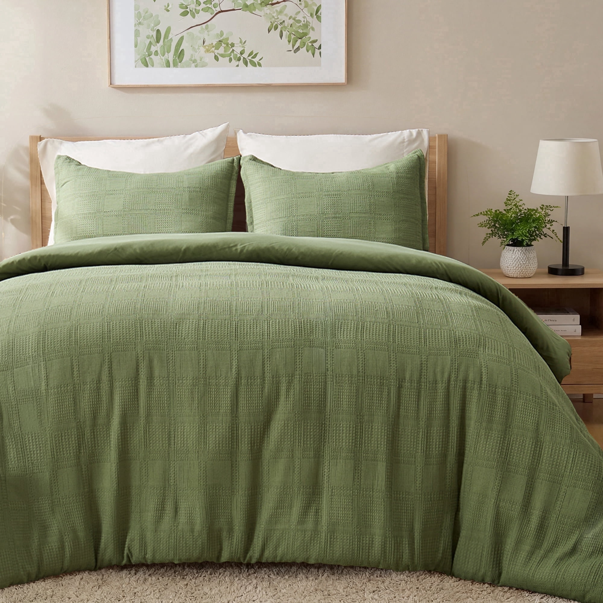 Regency Heights Waffle Weave Duvet Cover Set Full/Queen Size, Breathable Duvet Cover Set for All Season, 3-Piece Textured Bedding Set with Pillow Shams, Green