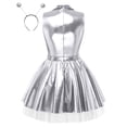 thumbnail image 5 of iiniim Women Alien Cosplay Lapel V Neck Sleeveless A-line Hem Tulle Layers Metallic Dress with Hair Hoop for Role-playing Theme Party Stage Dance Silver M, 5 of 7
