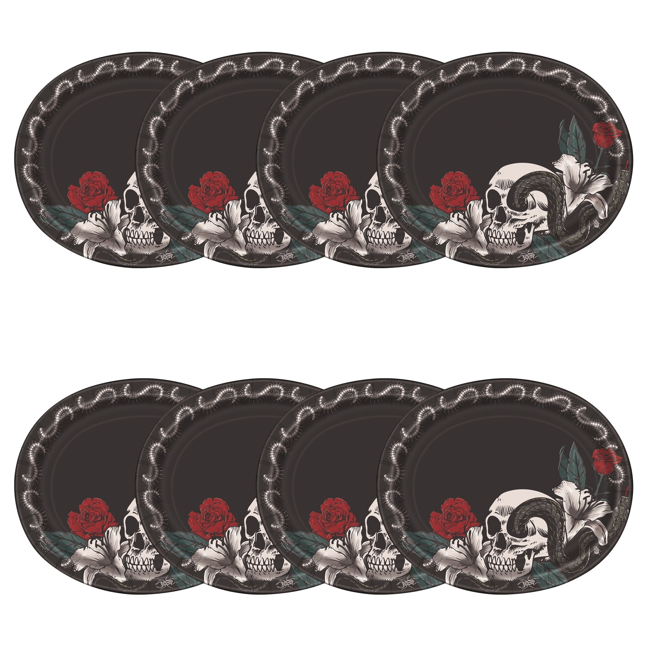 Skull and Roses Oval Disposable Paper Plates, Multicolor, 12" x 10", 8 Count, Halloween by Way To Celebrate
