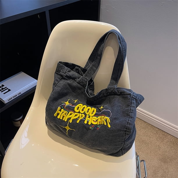 Bolso de mano de compras para mujer, bolso informal de tela vaquera sólida, bolso de mano con bordado de cremallera