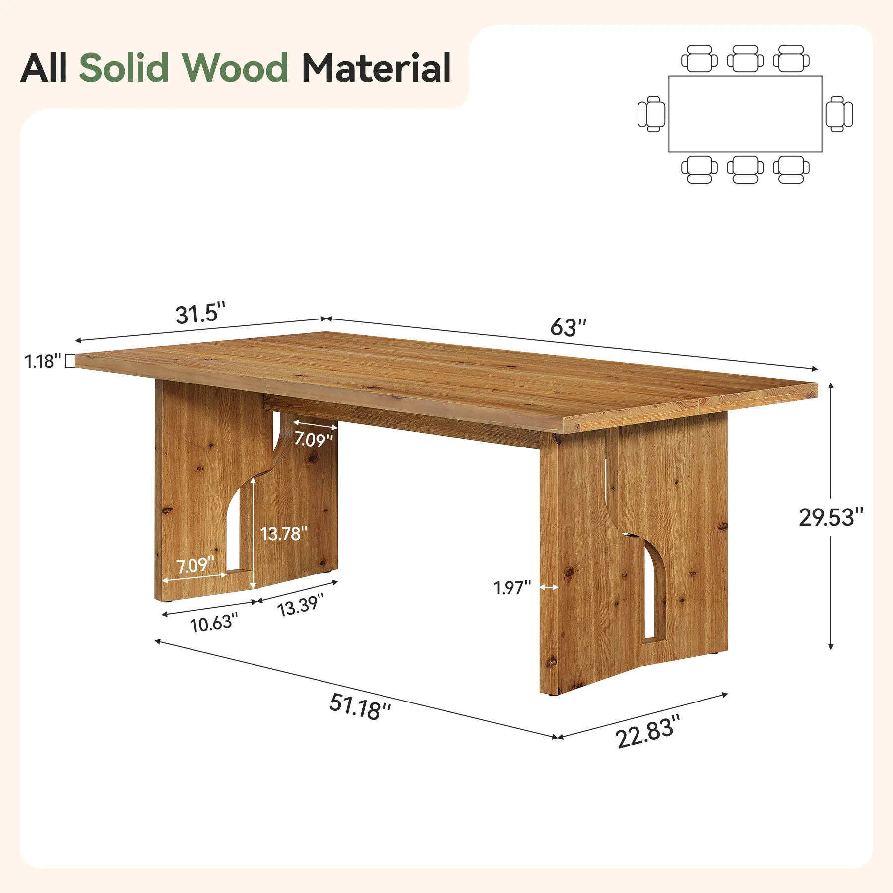 Hommoo 63 Inch Solid Wood Farmhouse Dining Table for 4-6 People, Rustic Kitchen Table with Cutout Base Design, Sturdy Natural Wood Dining Table for Modern & Traditional Interiors, Natural
