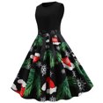 thumbnail image 1 of HKEJIAOI Robes de Cocktail Cadeau d'Anniversaire Noël Femmes Imprimé Rétro Patchwork Sans Manches Soirée Col Rond Fermeture Éclair Fête Bal Robe Vintage Économies Liquidation Vert, 1 of 6