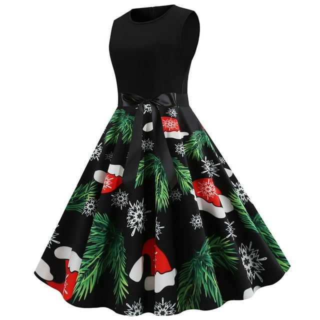 HKEJIAOI Robes de Cocktail Cadeau d'Anniversaire Noël Femmes Imprimé Rétro Patchwork Sans Manches Soirée Col Rond Fermeture Éclair Fête Bal Robe Vintage Économies Liquidation Vert